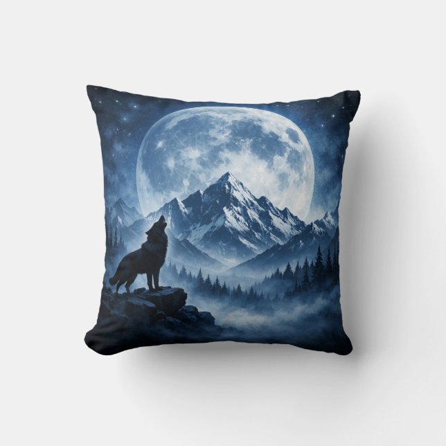 Mystic Wilderness Wolf Under Moon Throw Pillow (Front)