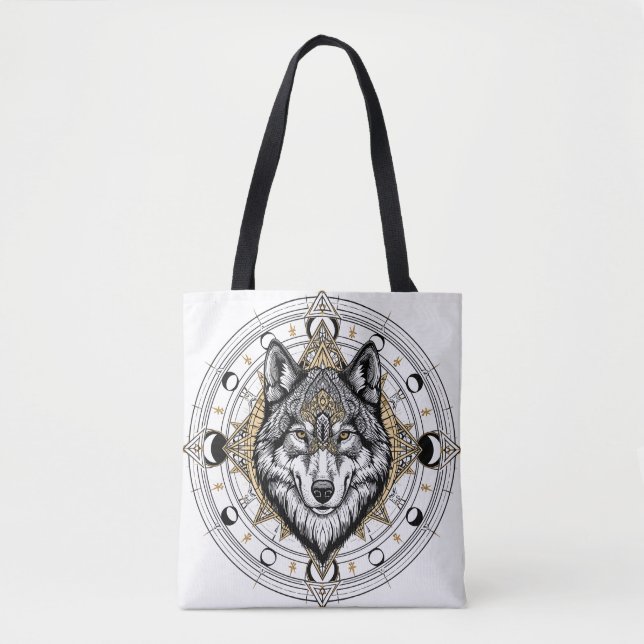 Mystic Wolf Mandala Moon Phases Boho Tote Bag (Front)
