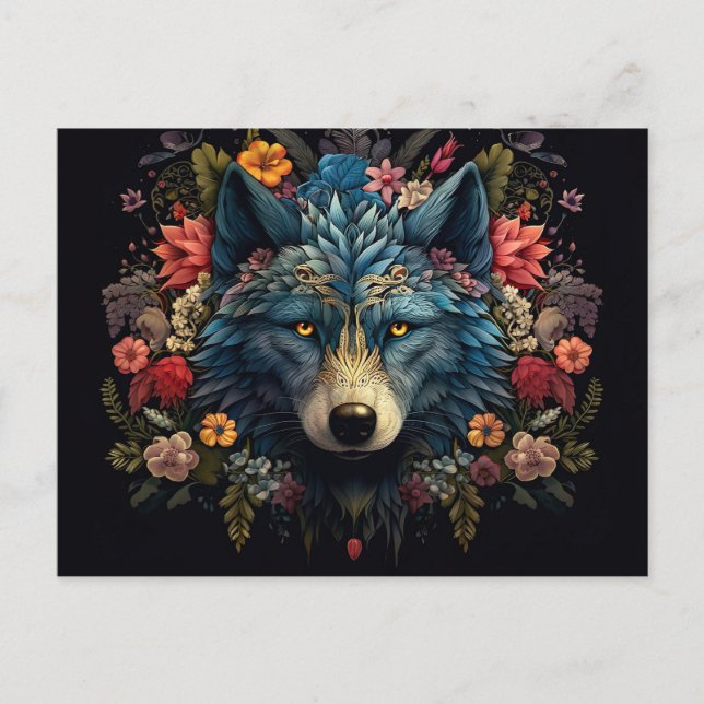 Mystic wolf surrounded by flowers postcard (Front)