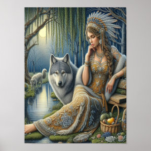 Mystical A Native American Woman With Wolves 12x16 Poster