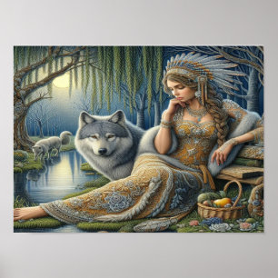 Mystical A Native American Woman With Wolves 16x12 Poster