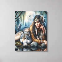 Mystical A Native American Woman With Wolves 16x20
