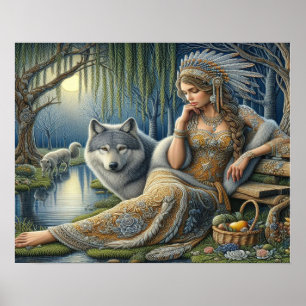 Mystical A Native American Woman With Wolves 20x16 Poster