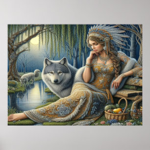 Mystical A Native American Woman With Wolves 24x18 Poster