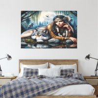 Mystical A Native American Woman With Wolves 36x24