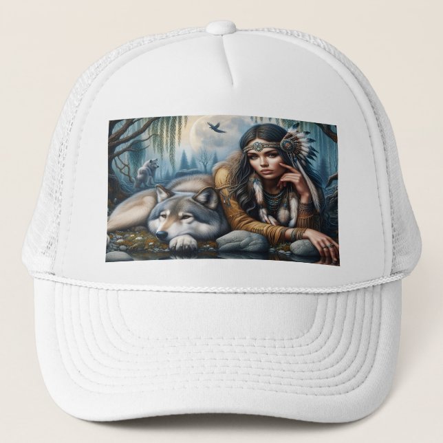Mystical A Native American Woman With Wolves 5x7 Trucker Hat (Front)