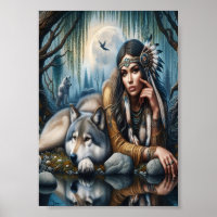 Mystical A Native American Woman With Wolves 7x5