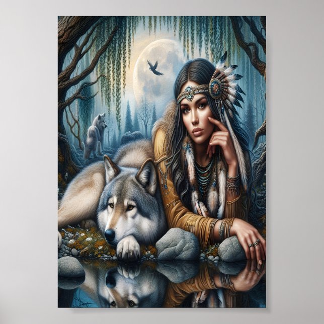 Mystical A Native American Woman With Wolves   7x5 Poster (Front)
