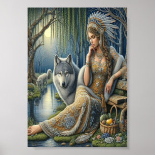Mystical A Native American Woman With Wolves   7x5 Poster