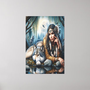 Mystical A Native American Woman With Wolves Canvas Print
