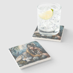 Mystical A Native American Woman With Wolves Stone Coaster