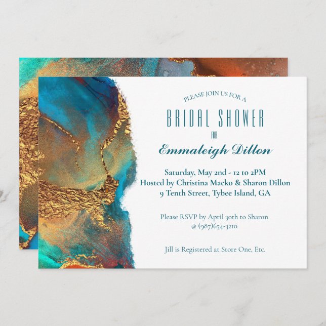 Mystical Abstract Teal Coral Gold Bridal Shower Invitation (Front/Back)