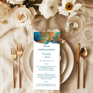 Mystical Abstract Teal Coral Gold Wedding Menu