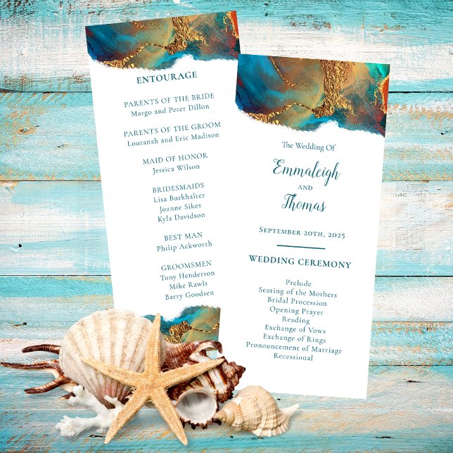 Mystical Abstract Teal Coral Gold Wedding Programme (Creator Uploaded)