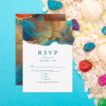 Mystical Abstract Teal Coral Gold Wedding RSVP