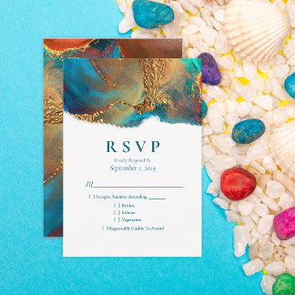 Mystical Abstract Teal Coral Gold Wedding RSVP Card