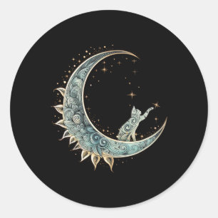 Mystical Aesthetic Cat Sitting On Crescent Moon Lu Classic Round Sticker