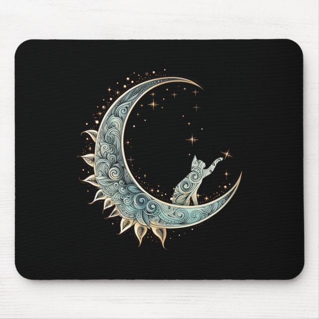Mystical Aesthetic Cat Sitting On Crescent Moon Lu Mouse Pad (Front)