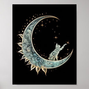 Mystical Aesthetic Cat Sitting On Crescent Moon Lu Poster