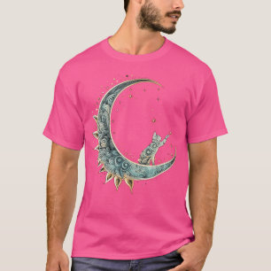 Mystical Aesthetic Cat Sitting On Crescent Moon Lu T-Shirt
