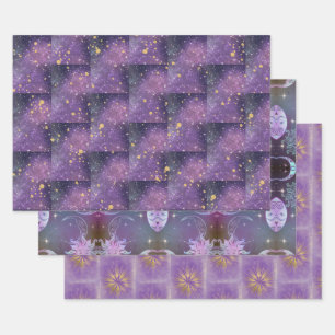 Mystical All Occasion Purple Gold Sparkles Stars Wrapping Paper Sheet