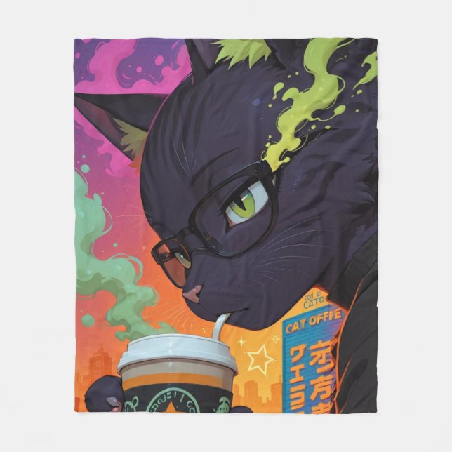 Mystical Anime Black Cat Fleece Blanket (Front)