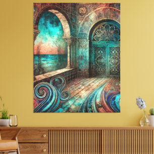 Mystical Archway with Ornate Doors and Ocean View Canvas Print