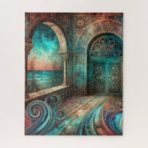 Mystical Archway with Ornate Doors and Ocean View Jigsaw Puzzle