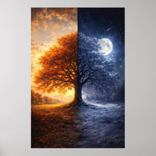Mystical Art Oak Tree Day Night Winter Autumn Poster