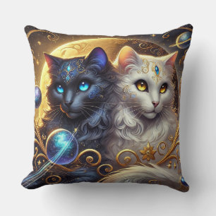 Mystical Artwork of Celestial Cats Amid Stars Cushion