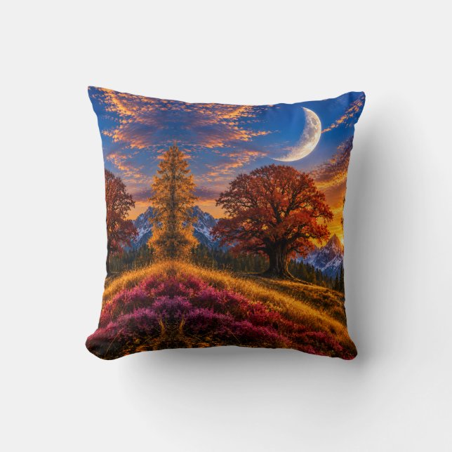 Mystical Autumn Oak Tree Crescent Moon  Cushion (Front)