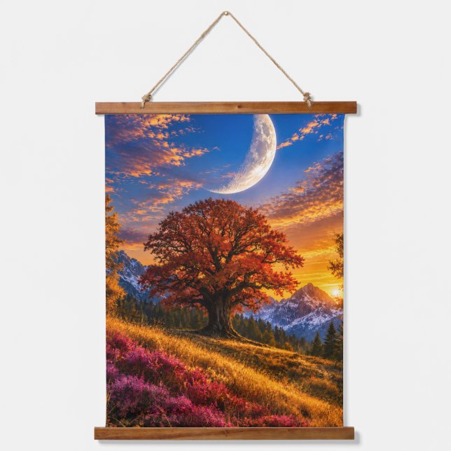 Mystical Autumn Oak Tree Crescent Moon  Hanging Tapestry (Front)