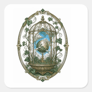 Mystical Birdcage Botanical Vintage Gothic Art Square Sticker