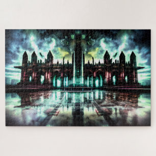 Mystical black and blue creepy castle landscape jigsaw puzzle