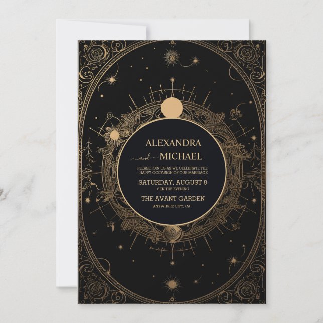 Mystical Black and Gold Tarot Wedding Invitation (Front)
