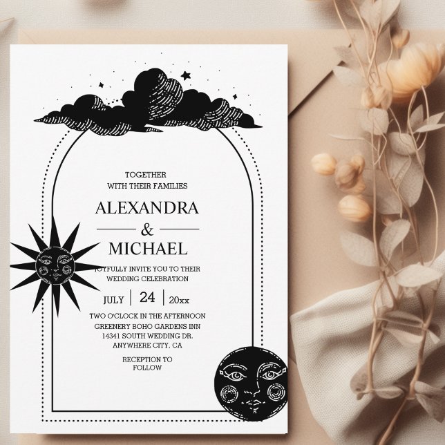 Mystical Black and white Celestial Stars Wedding   Invitation (Creator Uploaded)