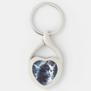 Mystical Black and White Kitten   Watercolor Cat Key Ring