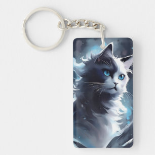 Mystical Black and White Kitten Watercolor Cat Key Ring