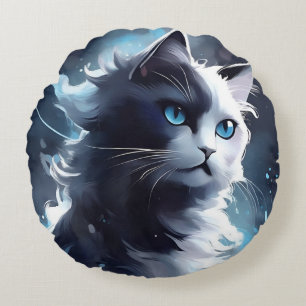 Mystical Black and White Kitten Watercolor Cat Round Cushion