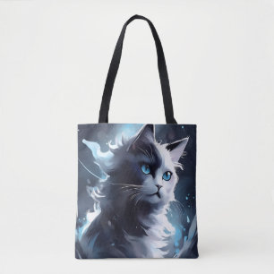 Mystical Black and White Kitten Watercolor Cat Tote Bag