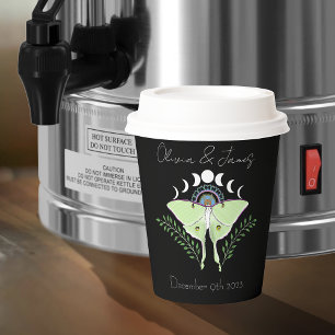 Mystical Black Boho Luna Moth Moon Phases Wedding Paper Cups