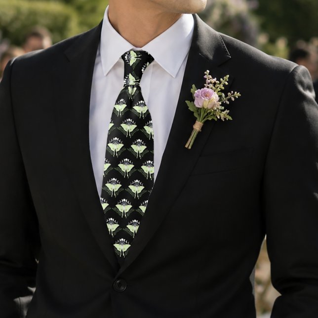 Mystical Black Boho Luna Moth Moon Phases Wedding Tie (Creator Uploaded)