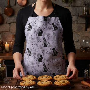 Mystical Black Cat and Butterfly Pattern Witchy Apron