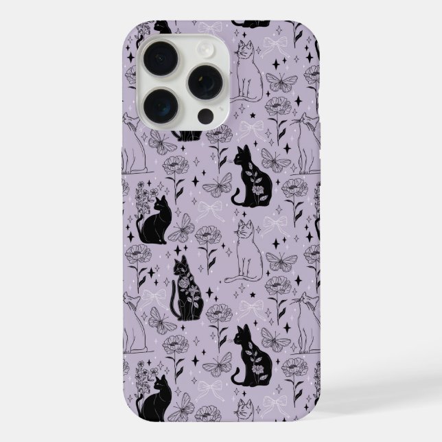 Mystical Black Cat and Butterfly Pattern | Witchy iPhone Case (Back)
