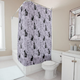 Mystical Black Cat and Butterfly Pattern   Witchy Shower Curtain