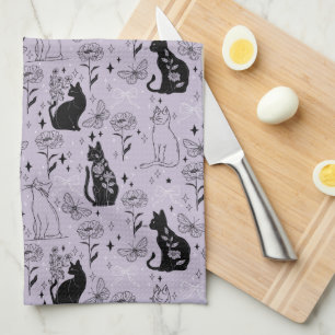 Mystical Black Cat and Butterfly Pattern Witchy Tea Towel