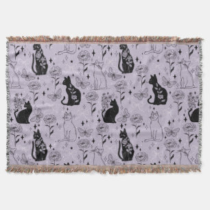 Mystical Black Cat and Butterfly Pattern Witchy Throw Blanket