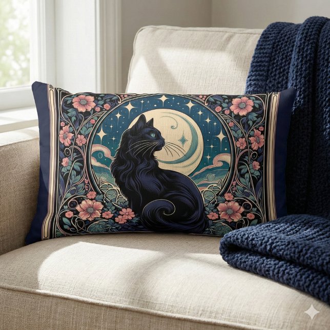 Mystical Black Cat Art Nouveau Lumbar Cushion (Mystical Black Cat Art Nouveau Lumbar Pillow Mockup 1)