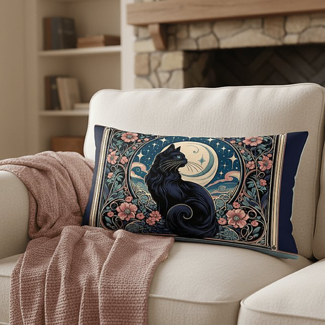 Mystical Black Cat Art Nouveau Lumbar Cushion (Mystical Black Cat Art Nouveau Lumbar Pillow)