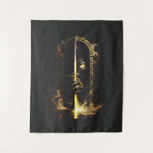 Mystical Black Cat Behind Golden Door Tapestry